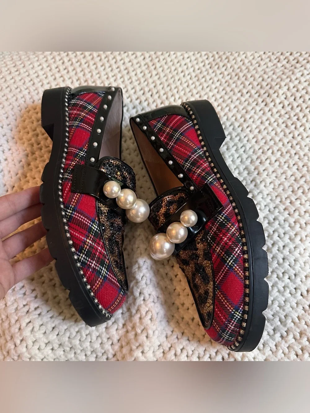 Betsey Johnson Harloe Loafer women’s 7.5 plaid leopard print pearl sparkles